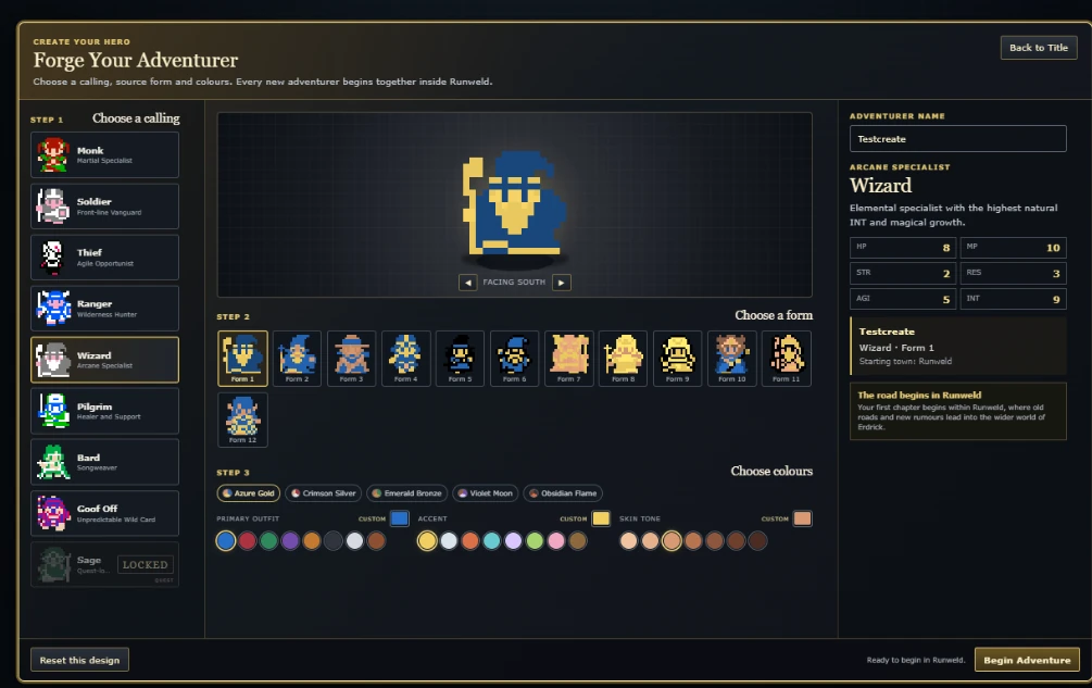 Character creation in Shadows of Erdrick